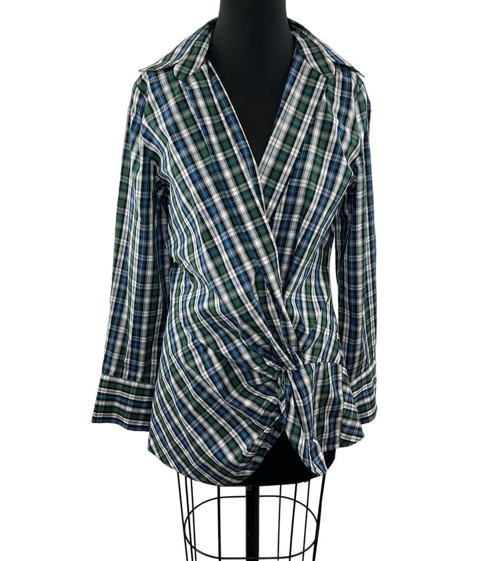 NWT ZARA Green Blue White Drape Plaid Long Slv Twist Front Blouse Top Shirt XL